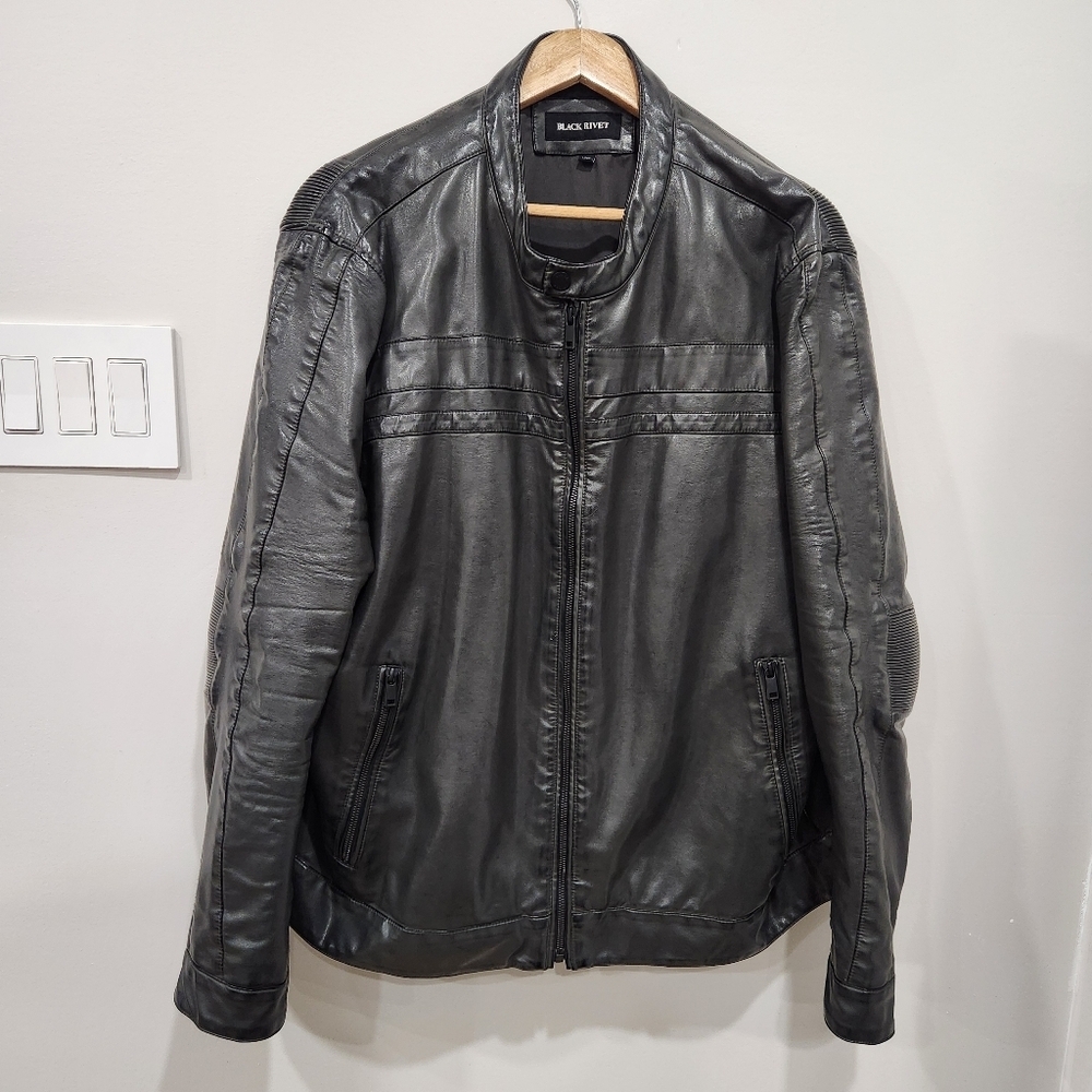 Black Rivet Faux Leather Jacket Mens XXL Black Biker Moto Coat Lined Ribbed